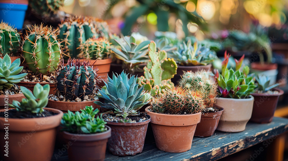 Cacti and succulents in various pots, showcasing diverse shapes and colors Cacti and succulents in various pots, showcasing diverse shapes and colors