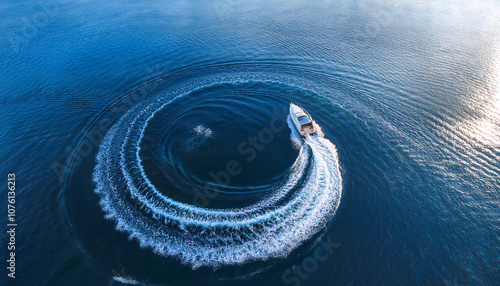  Motorboat forms a circle of waves and bubbles with its engines over the blue sea top view. ai generated