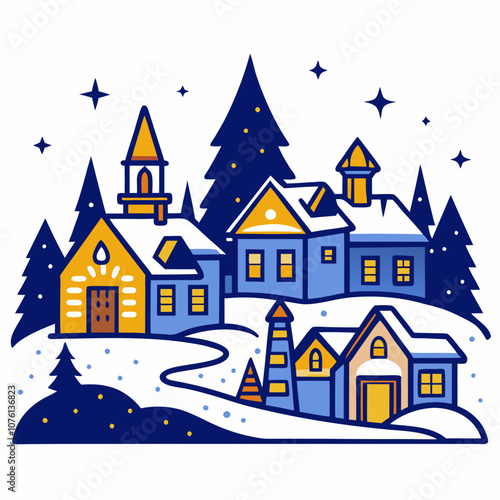 Snowy Village Glow Line Art on White Background