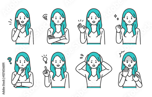 いろいろな表情やポーズをする若い女性のセット【人物ベクターイラスト素材】