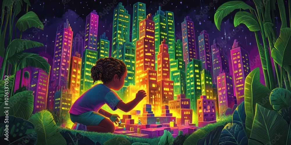 A child interacts with a vibrant, glowing cityscape at night, surrounded by lush greenery. A child interacts with a vibrant, glowing cityscape at night, surrounded by lush greenery.