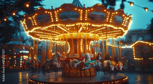 A brightly lit carousel with horses in the evening.