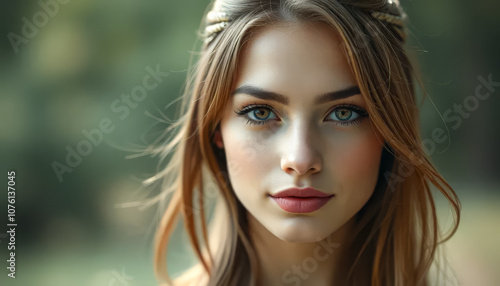 Woman with long brown hair and a gold headband