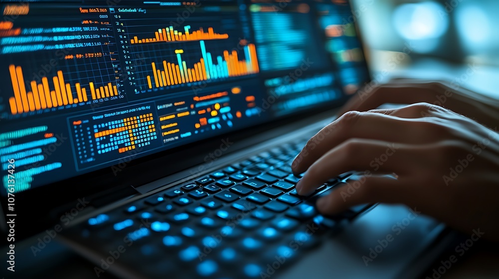 Close-up of a programmer’s screen filled with intricate data charts and code, hands typing quickly on a keyboard, detailed visualizations of big data analysis, Close-up of a programmer’s screen filled with intricate data charts and code, hands typing quickly on a keyboard, detailed visualizations of big data analysis,