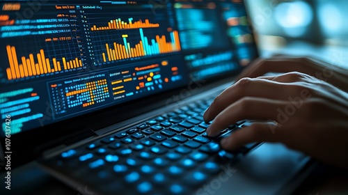 Close-up of a programmer’s screen filled with intricate data charts and code, hands typing quickly on a keyboard, detailed visualizations of big data analysis,