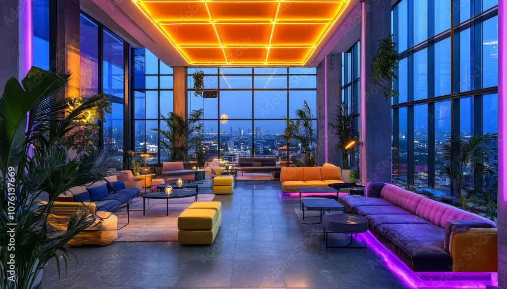 Modern rooftop lounge with large windows, colorful lighting, and comfortable seating. Modern rooftop lounge with large windows, colorful lighting, and comfortable seating.