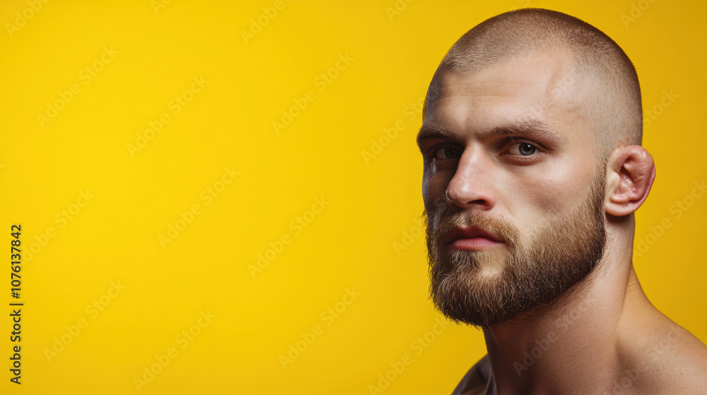 A bearded man with a serious expression stands against a vibrant yellow background, AI A bearded man with a serious expression stands against a vibrant yellow background, AI