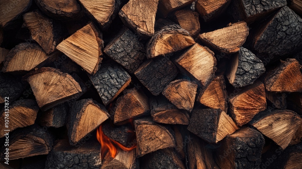 Closeup of a pile of firewood with flames dancing against a dark rustic background. The firewood ignites beautifully, creating a warm atmosphere with vibrant fire. Closeup of a pile of firewood with flames dancing against a dark rustic background. The firewood ignites beautifully, creating a warm atmosphere with vibrant fire.