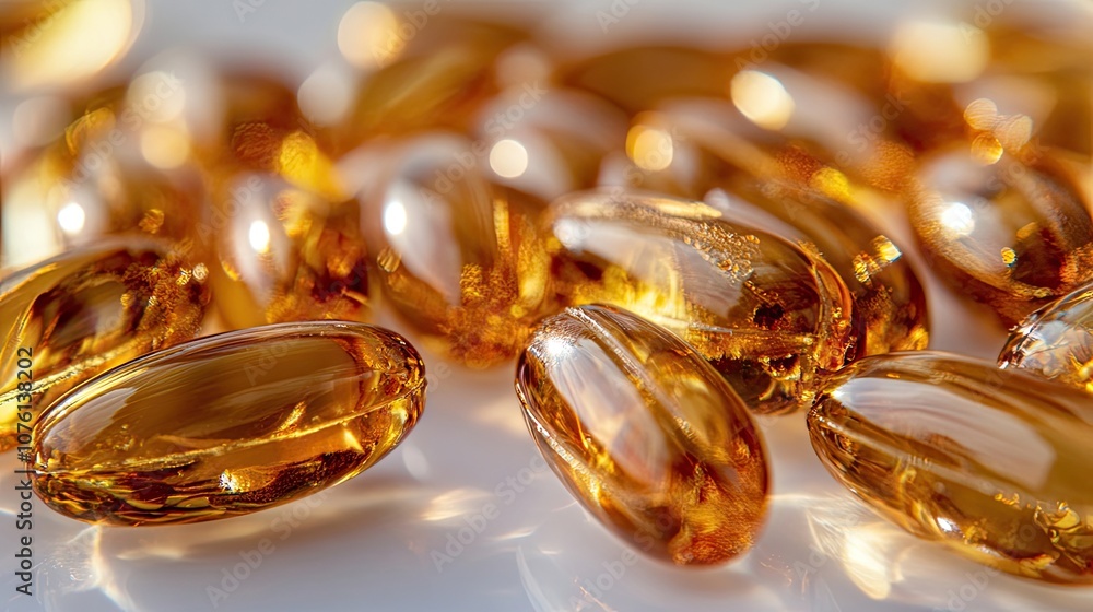 Amber capsules isolated on a white background, displaying close-up amber yellow vitamin omega 3 pills, ideal for health-related concepts with ample copy space. Amber capsules isolated on a white background, displaying close-up amber yellow vitamin omega 3 pills, ideal for health-related concepts with ample copy space.