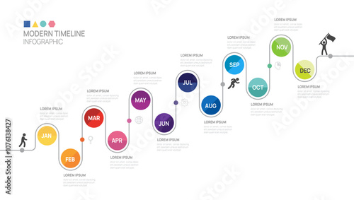 Infographic 12 month steps timeline journey to success growth template. line process diagram. Vector illustration.
