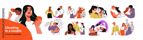 Love couples in conflict, cheating and infidelity. Intimacy, relationship problems concept. Jealousy, heartbreak, partners betrayal, distrust. Flat vector illustration set isolated on white background