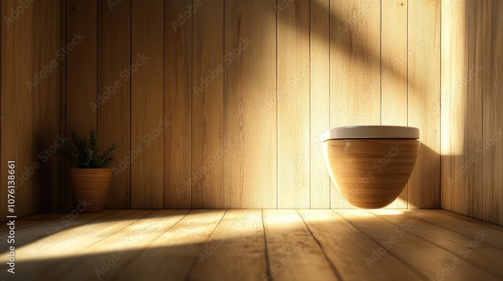 Lightened wooden toilet captured in a shallow depth of field view, highlighting the elegant design and textures of the wooden surfaces, with ample copy space for text. Lightened wooden toilet captured in a shallow depth of field view, highlighting the elegant design and textures of the wooden surfaces, with ample copy space for text.
