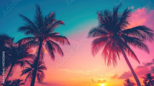 Fototapeta Naklejka Na Ścianę i Meble -  Vibrant tropical sunset captures the essence of retro 80s style, highlighted by silhouetted palm trees, creating a perfect backdrop with ample copy space.