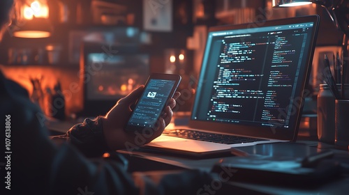 Developer debugging a mobile app, smartphone in hand showing error messages, laptop filled with code, clean desk with tech gadgets, ambient lighting creating a focused atmosphere,