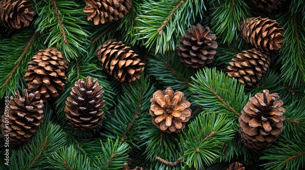 Pine cones and branches adorned with vibrant green needles create a natural composition, ideal for capturing the essence of the forest. This image highlights pine cones with ample copy space. Pine cones and branches adorned with vibrant green needles create a natural composition, ideal for capturing the essence of the forest. This image highlights pine cones with ample copy space.