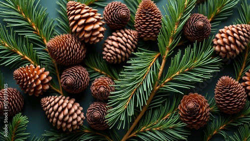 texture of dry pine cones and fresh green pine branches with fine details of needles and natural highlights.