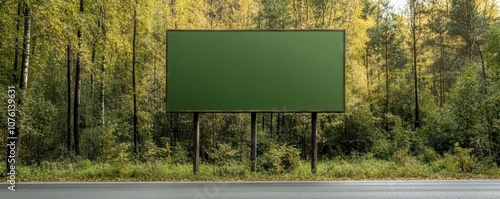 Minimal green screen billboard, surrounded by trees in suburban area, adaptable for environmental or eco-friendly advertising photo