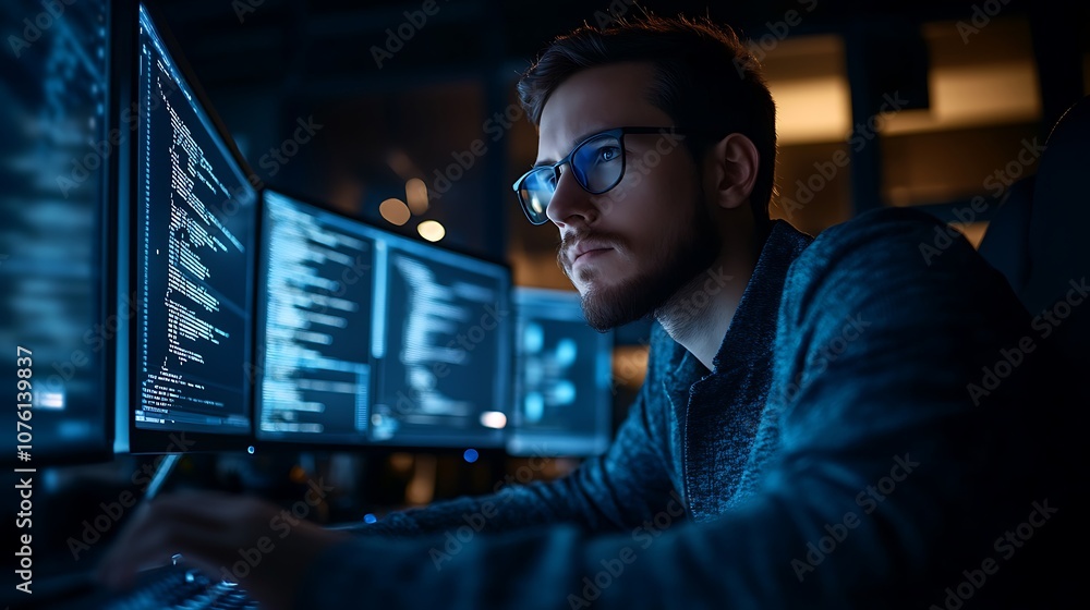 High-angle shot of a programmer working late, face illuminated by the glow of the monitor, room in darkness except for the soft screen light, calm and quiet atmosphere, photorealistic detail, High-angle shot of a programmer working late, face illuminated by the glow of the monitor, room in darkness except for the soft screen light, calm and quiet atmosphere, photorealistic detail,