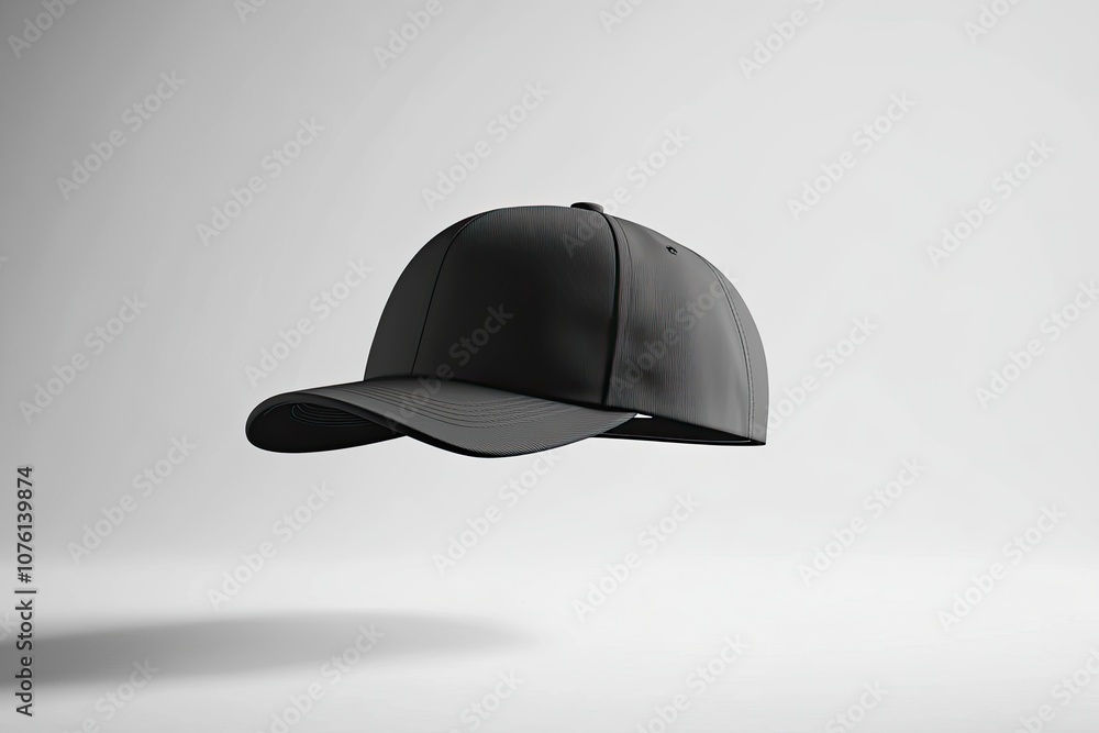 A minimalist black cap with a flat brim, front-facing and gently tilted to the side, hovering in mid-air against a smooth light gray background. generative ai A minimalist black cap with a flat brim, front-facing and gently tilted to the side, hovering in mid-air against a smooth light gray background. generative ai