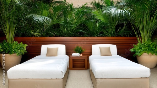 Serene Outdoor Spa Area with Minimalist Sun Loungers Surrounded by Lush Green Foliage and Elegant Wooden Accents for Relaxation and Restful Retreat