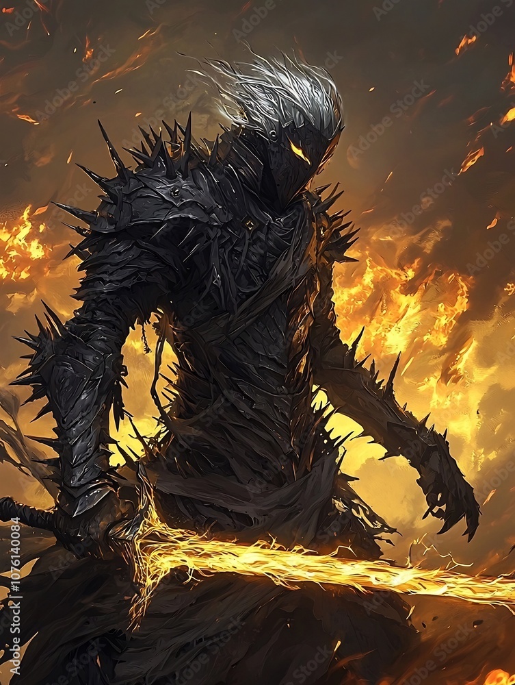 Heroic Knight Wielding Glowing Sword in Fiery Fantasy Battlefield Heroic Knight Wielding Glowing Sword in Fiery Fantasy Battlefield