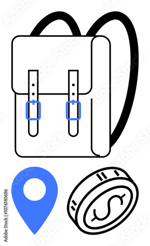 Backpack with straps, blue location pin, and coin with dollar sign. Ideal for travel, finance, education, navigation, budgeting lifestyle and logistics. Line metaphor