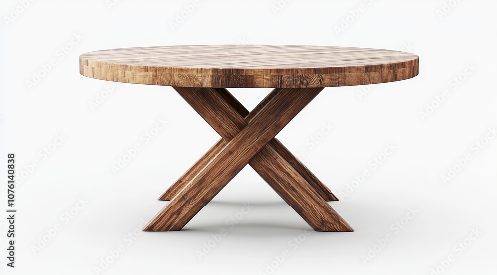 A round wooden table with a unique cross-shaped base isolated on a white background. A round wooden table with a unique cross-shaped base isolated on a white background.