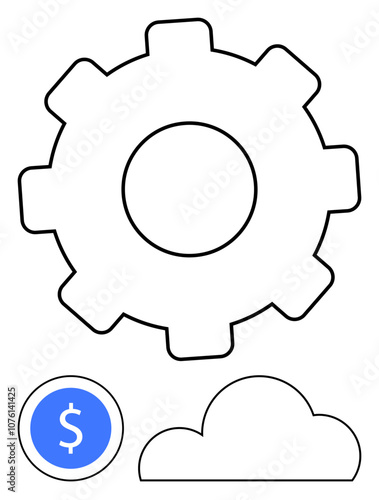 Gear representing process, dollar sign for financial aspects, and cloud symbolizing cloud computing. Ideal for business, technology, finance, productivity, innovation, data management and automation