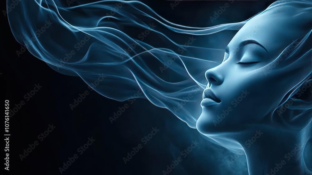 A serene, ethereal representation of a woman surrounded by flowing blue smoke. A serene, ethereal representation of a woman surrounded by flowing blue smoke.