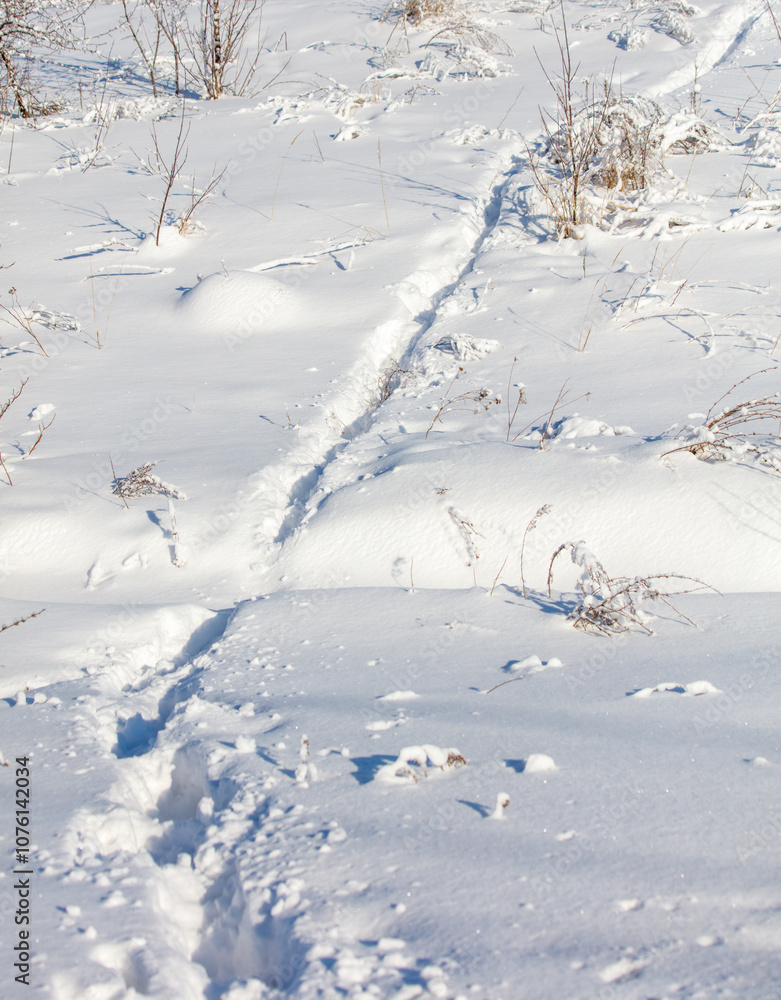 A snow covered field with a path through it A snow covered field with a path through it