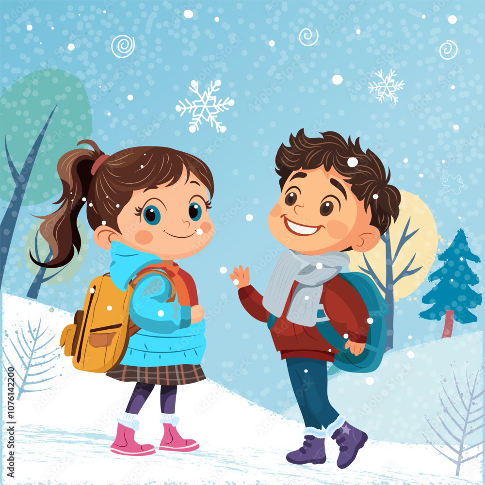 Children go to school in winter. There is snow all around Children go to school in winter. There is snow all around