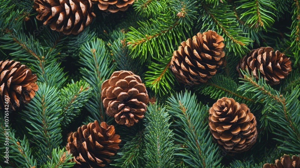 Close-up view of pine cones nestled among evergreen branches, creating a nature background banner with ample copy space for text or graphics. Perfect for nature-themed designs. Close-up view of pine cones nestled among evergreen branches, creating a nature background banner with ample copy space for text or graphics. Perfect for nature-themed designs.