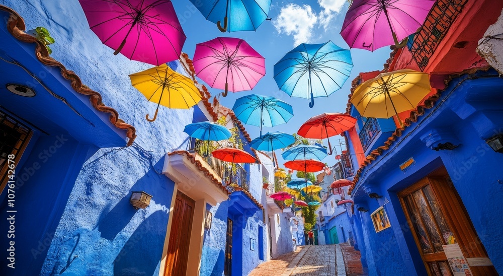 Fototapeta premium A vibrant street with blue buildings and colorful umbrellas hanging above.