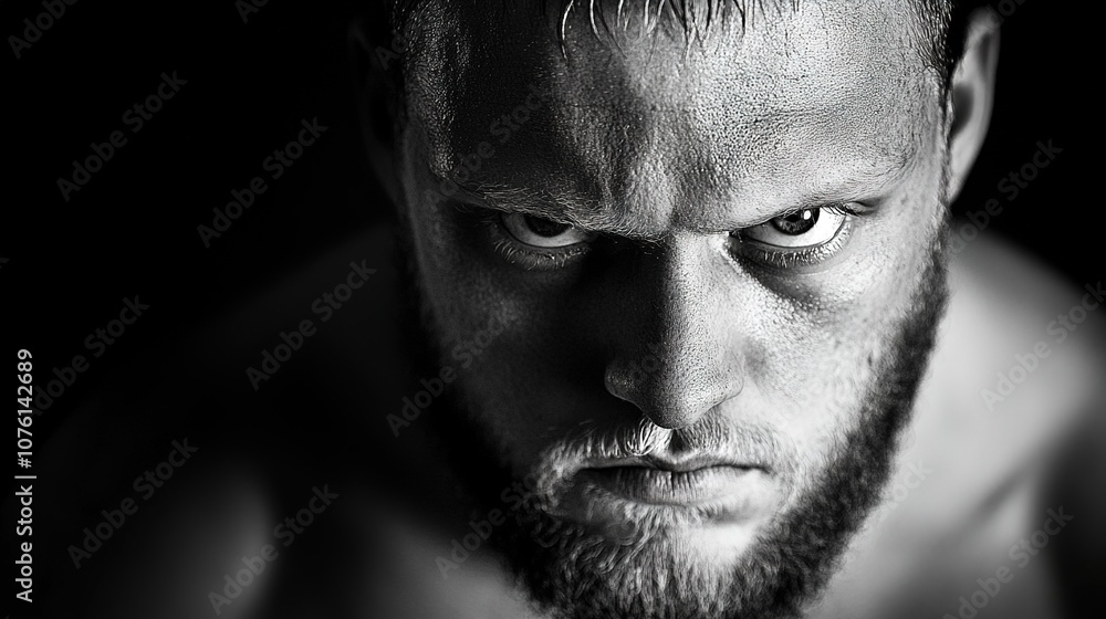 Intense Close-Up Portrait of a Muscular Man with a Thick Beard and Fierce Expression Capturing Strength and Determination in Black and White Photography Intense Close-Up Portrait of a Muscular Man with a Thick Beard and Fierce Expression Capturing Strength and Determination in Black and White Photography
