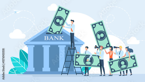 People queue at bank. Bank building on a white background, financing, money exchange, financial services, ATM, giving out money. Payouts. Finance crisis and banking problems. Vector illustration