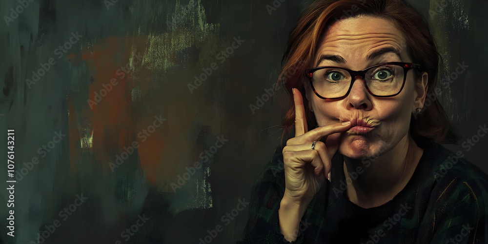 Fototapeta premium Playful Portrait: A whimsical woman with glasses makes a funny face, her finger playfully touching her lip. The painterly style portrait exudes charm and personality. 