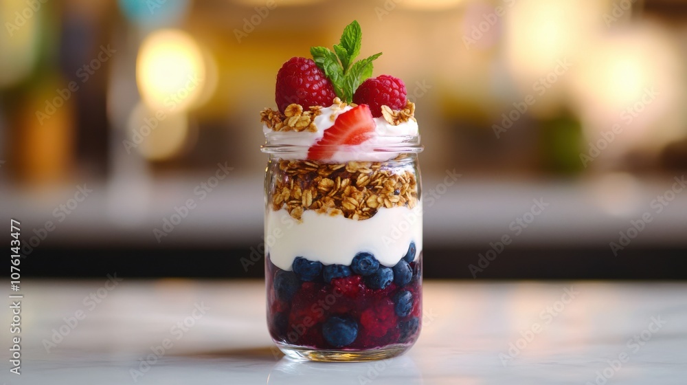 glass jar filled with layers of creamy yogurt, granola, and colorful fruits like blueberries sliced strawberries side view layers, parfait is garnished with a sprig of mint on top for a fresh finish glass jar filled with layers of creamy yogurt, granola, and colorful fruits like blueberries sliced strawberries side view layers, parfait is garnished with a sprig of mint on top for a fresh finish