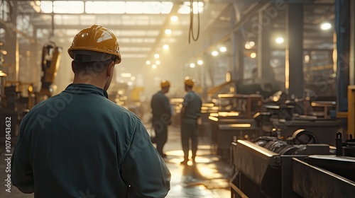 Male worker in a factory wearing a safety helmet, with colleagues in the background, showcasing a busy industrial setting.