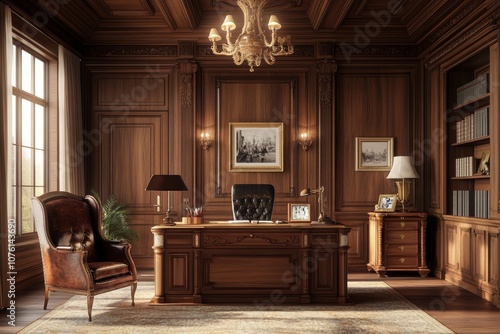 A classic wood-paneled home office with a large desk, leather armchair, and a chandelier.