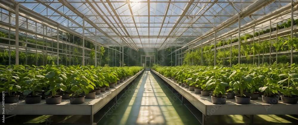 Fototapeta premium Large greenhouse for hydroponic farming, lush plants in neat rows under warm, sunlit glass roof, inside of a greenhouse