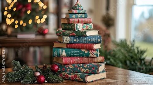 Stack of Books Shaped Like a Christmas Tree photo