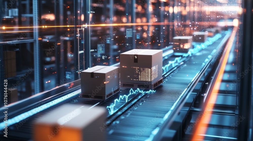 Three cardboard boxes on a conveyor belt in a futuristic warehouse, with blue lights and data visualizations. Three cardboard boxes on a conveyor belt in a futuristic warehouse, with blue lights and data visualizations.