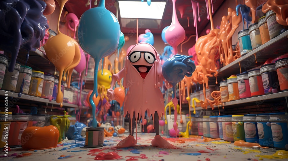 Naklejka premium Astronaut standing amidst colorful balloons and barrels in a whimsical, surreal setting.