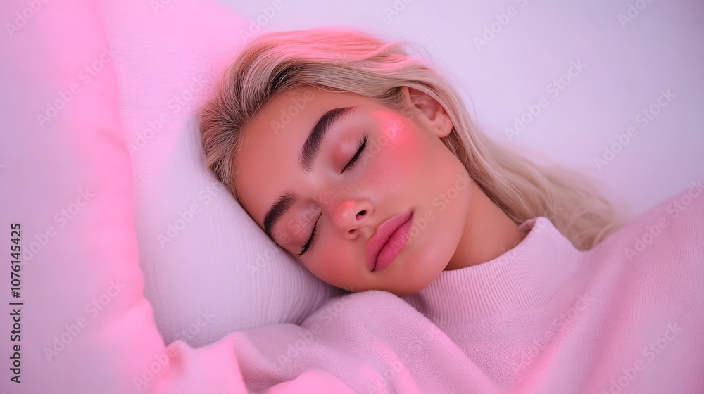 Serene Young Woman Asleep on Soft Pillow with Dreamy Lighting, Showcasing Calmness and Tranquility in a Relaxed Indoor Setting Serene Young Woman Asleep on Soft Pillow with Dreamy Lighting, Showcasing Calmness and Tranquility in a Relaxed Indoor Setting