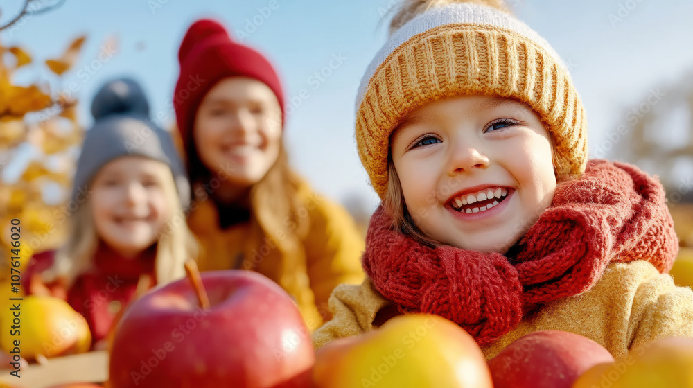 Smiling child enjoying a sunny autumn day at an apple orchard, AI Smiling child enjoying a sunny autumn day at an apple orchard, AI