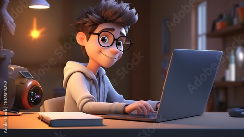 3D illustration of a boy with glasses working on a computer