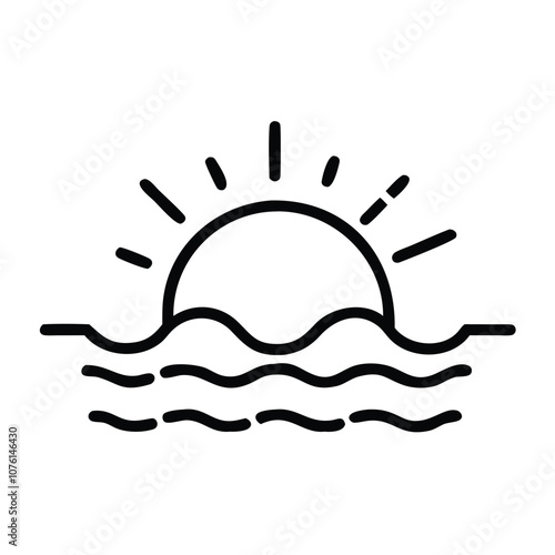 Sunrise icon with waves outline, Vector outline icon of a sunrise with wavy lines, representing dawn, ocean view, and morning light in a minimalist design.
