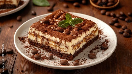 Tiramisu. Traditional italian dessert on white plate, wooden background. Selective focus 