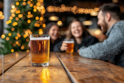 A glass of beer sits on a wooden table with blurred festive lights and happy friends chatting in the background.