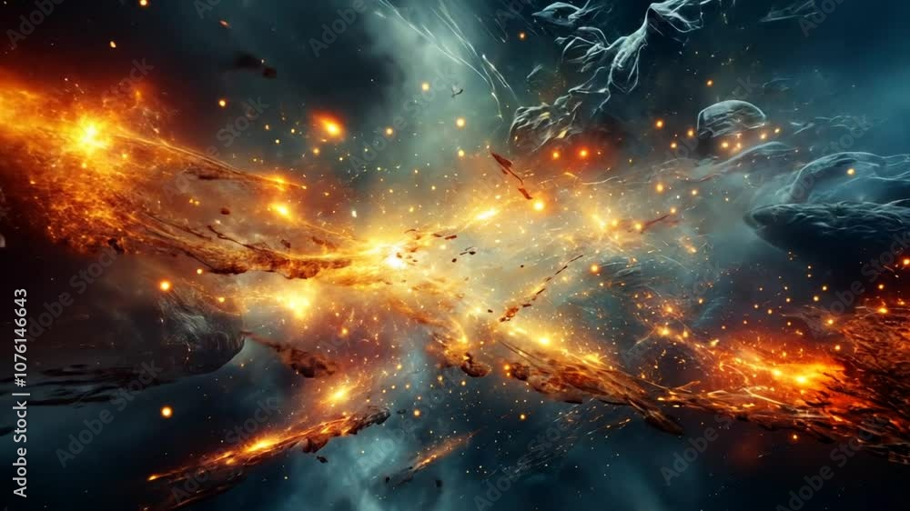 A spectacular cosmic explosion fills the scene with vibrant colors as fiery debris radiates outward, illuminating the dark expanse of a distant galaxy amid swirling cosmic formations A spectacular cosmic explosion fills the scene with vibrant colors as fiery debris radiates outward, illuminating the dark expanse of a distant galaxy amid swirling cosmic formations